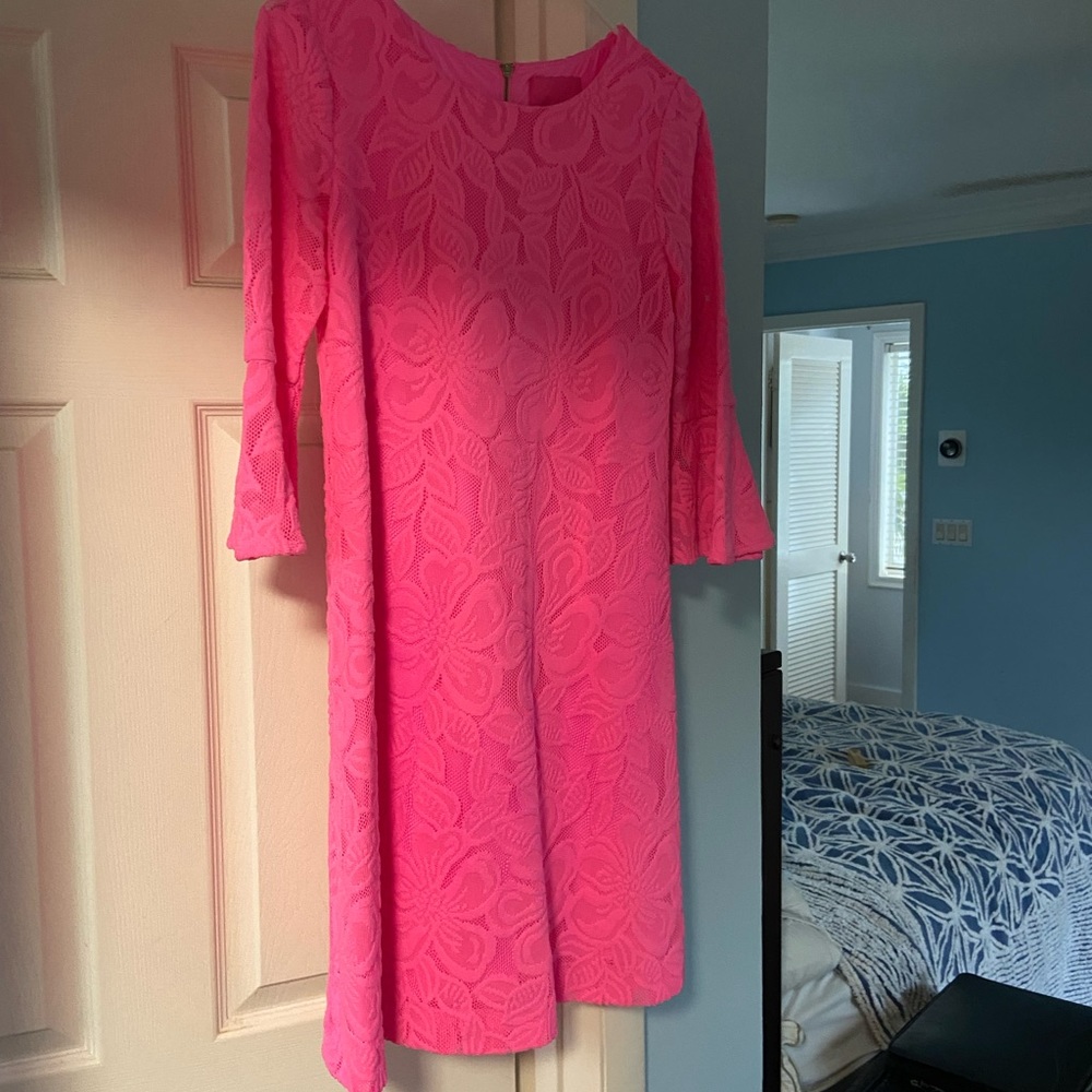 Lilly Pulitzer pink lace dress with 3/4 length sleeves